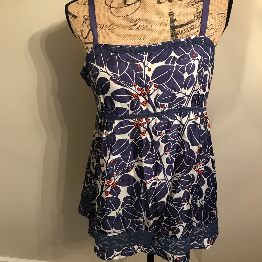 Lapis silk top w/ribbon straps button back trim